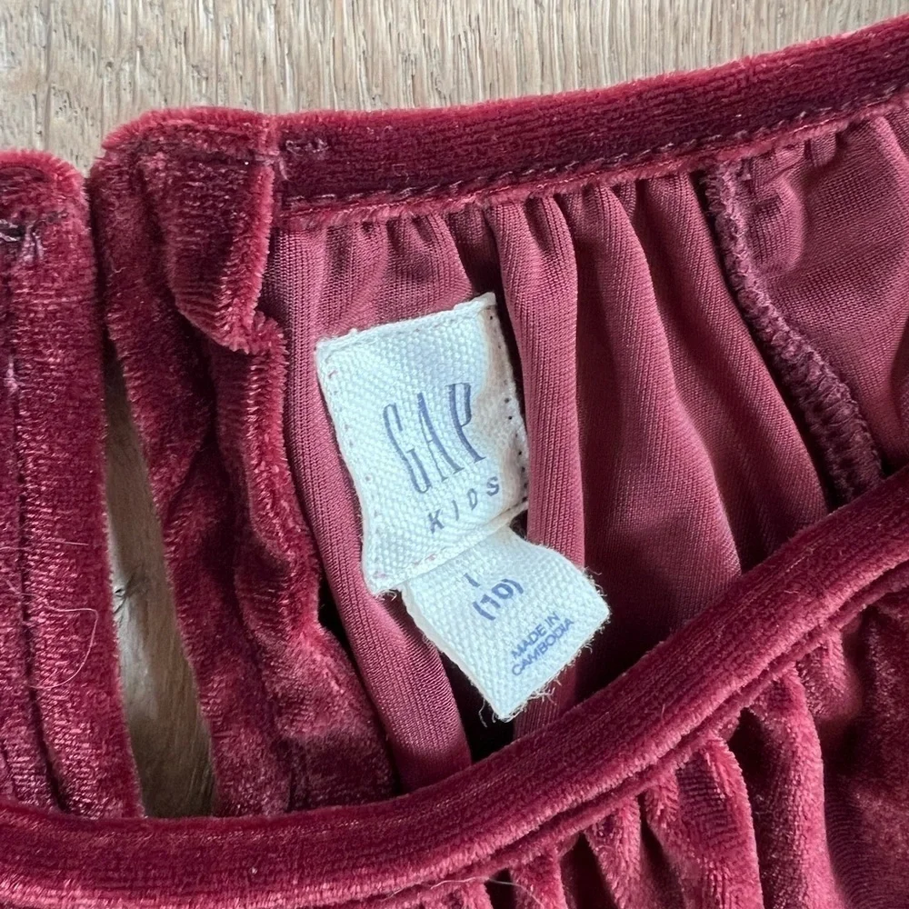 GAP Kids Burgundy Velvet Tiered Dress Elastic Waist Short Sleeve Girls Large